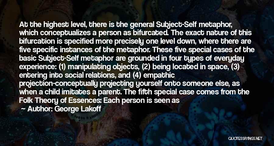 George Lakoff Quotes: At The Highest Level, There Is The General Subject-self Metaphor, Which Conceptualizes A Person As Bifurcated. The Exact Nature Of