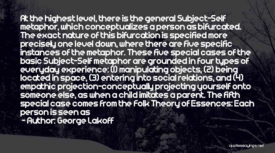 George Lakoff Quotes: At The Highest Level, There Is The General Subject-self Metaphor, Which Conceptualizes A Person As Bifurcated. The Exact Nature Of