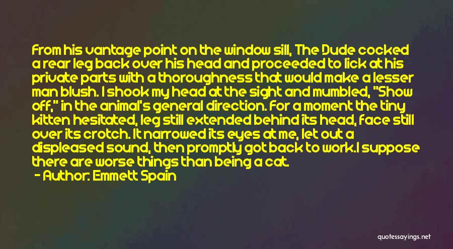 Emmett Spain Quotes: From His Vantage Point On The Window Sill, The Dude Cocked A Rear Leg Back Over His Head And Proceeded