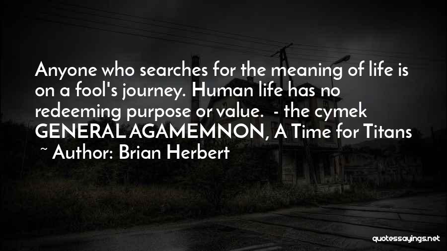 Brian Herbert Quotes: Anyone Who Searches For The Meaning Of Life Is On A Fool's Journey. Human Life Has No Redeeming Purpose Or