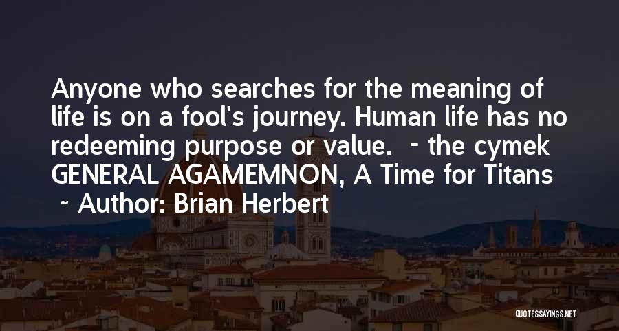 Brian Herbert Quotes: Anyone Who Searches For The Meaning Of Life Is On A Fool's Journey. Human Life Has No Redeeming Purpose Or