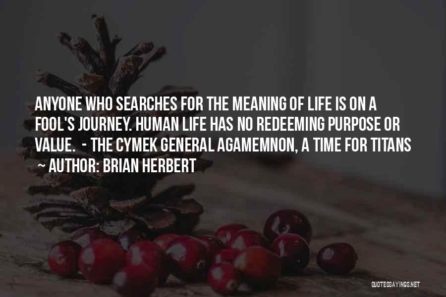 Brian Herbert Quotes: Anyone Who Searches For The Meaning Of Life Is On A Fool's Journey. Human Life Has No Redeeming Purpose Or