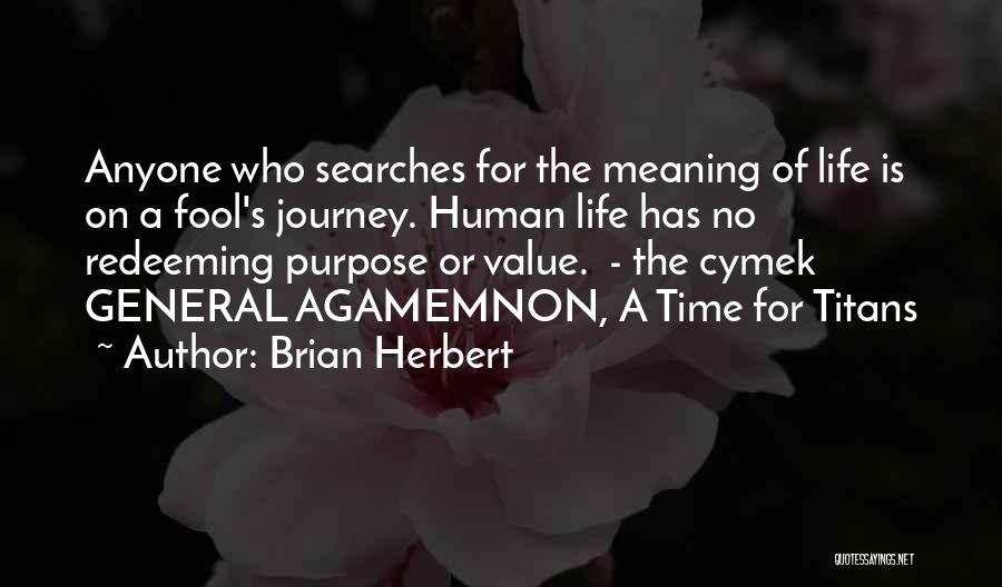 Brian Herbert Quotes: Anyone Who Searches For The Meaning Of Life Is On A Fool's Journey. Human Life Has No Redeeming Purpose Or