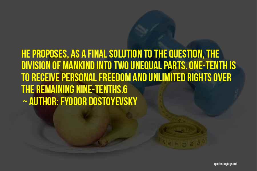 Fyodor Dostoyevsky Quotes: He Proposes, As A Final Solution To The Question, The Division Of Mankind Into Two Unequal Parts. One-tenth Is To