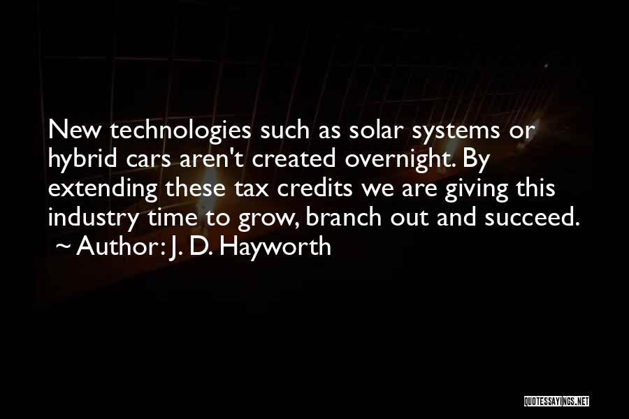 J. D. Hayworth Quotes: New Technologies Such As Solar Systems Or Hybrid Cars Aren't Created Overnight. By Extending These Tax Credits We Are Giving