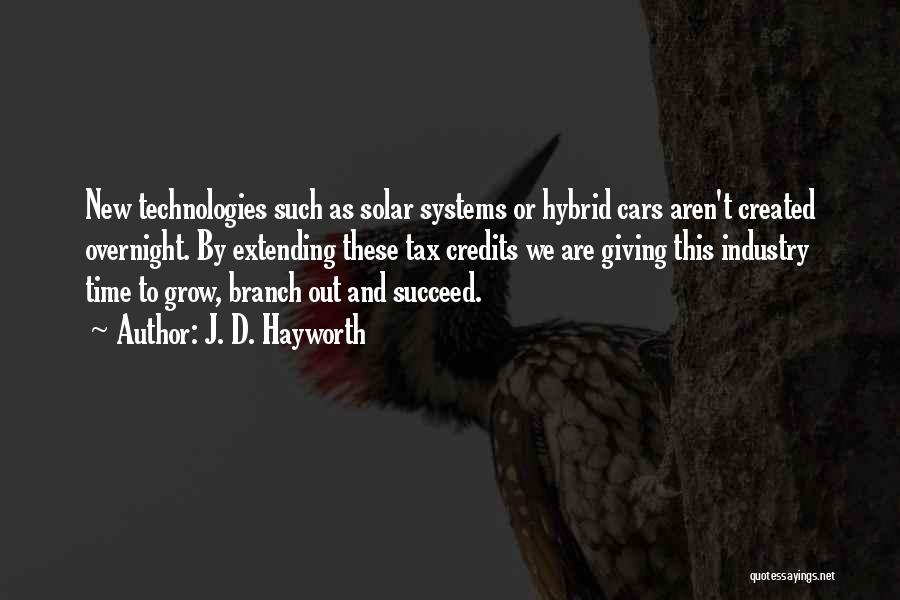 J. D. Hayworth Quotes: New Technologies Such As Solar Systems Or Hybrid Cars Aren't Created Overnight. By Extending These Tax Credits We Are Giving