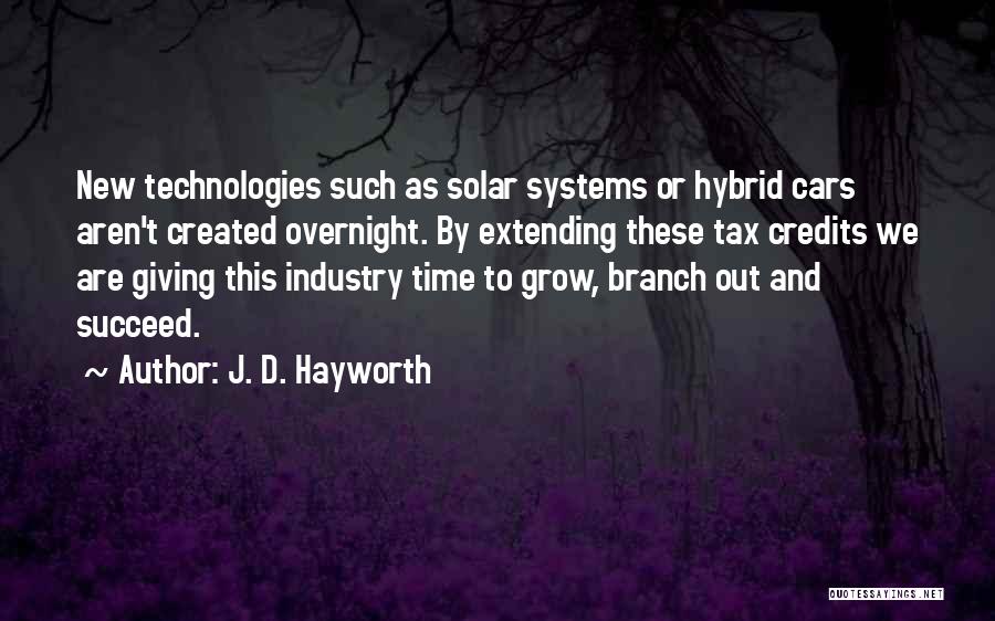 J. D. Hayworth Quotes: New Technologies Such As Solar Systems Or Hybrid Cars Aren't Created Overnight. By Extending These Tax Credits We Are Giving