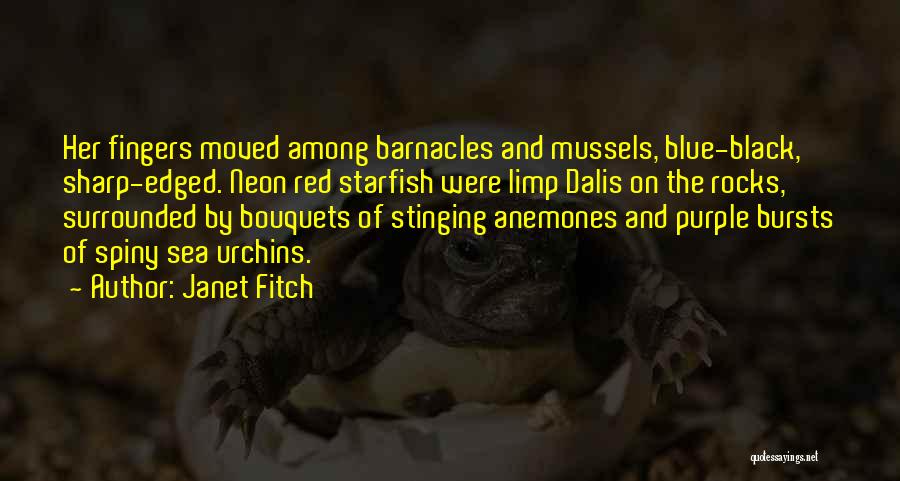 Janet Fitch Quotes: Her Fingers Moved Among Barnacles And Mussels, Blue-black, Sharp-edged. Neon Red Starfish Were Limp Dalis On The Rocks, Surrounded By