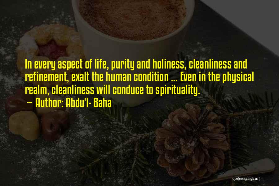 Abdu'l- Baha Quotes: In Every Aspect Of Life, Purity And Holiness, Cleanliness And Refinement, Exalt The Human Condition ... Even In The Physical