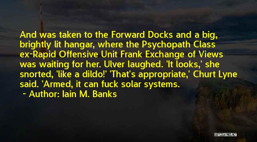 Iain M. Banks Quotes: And Was Taken To The Forward Docks And A Big, Brightly Lit Hangar, Where The Psychopath Class Ex-rapid Offensive Unit