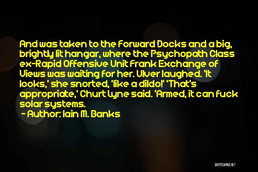 Iain M. Banks Quotes: And Was Taken To The Forward Docks And A Big, Brightly Lit Hangar, Where The Psychopath Class Ex-rapid Offensive Unit