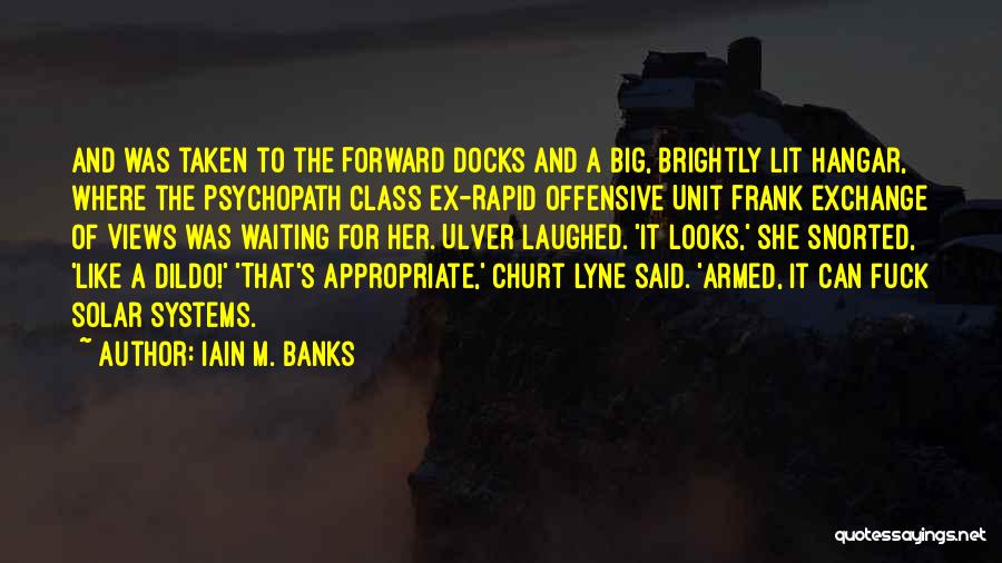 Iain M. Banks Quotes: And Was Taken To The Forward Docks And A Big, Brightly Lit Hangar, Where The Psychopath Class Ex-rapid Offensive Unit