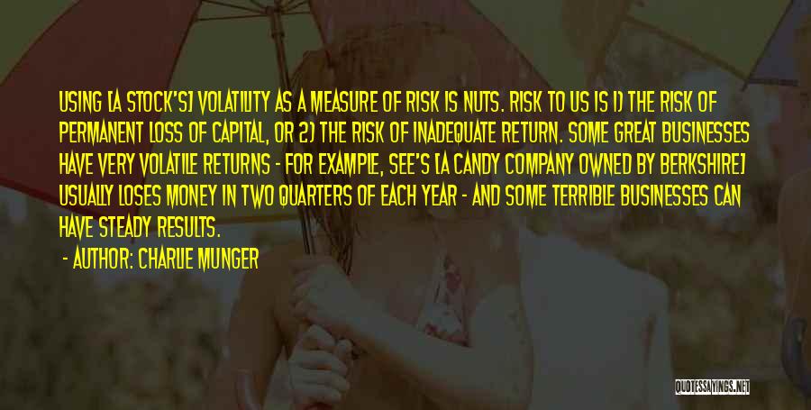 Charlie Munger Quotes: Using [a Stock's] Volatility As A Measure Of Risk Is Nuts. Risk To Us Is 1) The Risk Of Permanent