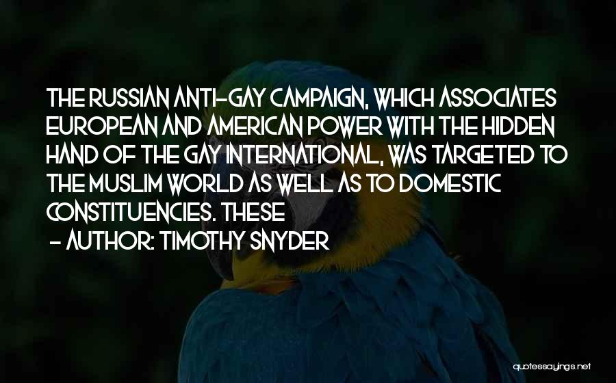 Timothy Snyder Quotes: The Russian Anti-gay Campaign, Which Associates European And American Power With The Hidden Hand Of The Gay International, Was Targeted