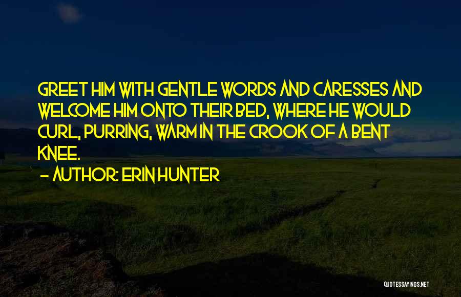 Erin Hunter Quotes: Greet Him With Gentle Words And Caresses And Welcome Him Onto Their Bed, Where He Would Curl, Purring, Warm In