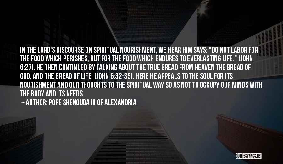 Pope Shenouda III Of Alexandria Quotes: In The Lord's Discourse On Spiritual Nourishment, We Hear Him Says: Do Not Labor For The Food Which Perishes, But