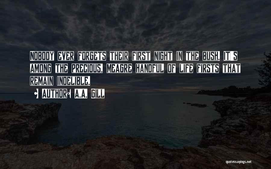 A.A. Gill Quotes: Nobody Ever Forgets Their First Night In The Bush. It's Among The Precious, Meagre Handful Of Life Firsts That Remain