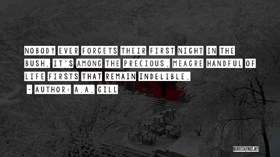 A.A. Gill Quotes: Nobody Ever Forgets Their First Night In The Bush. It's Among The Precious, Meagre Handful Of Life Firsts That Remain