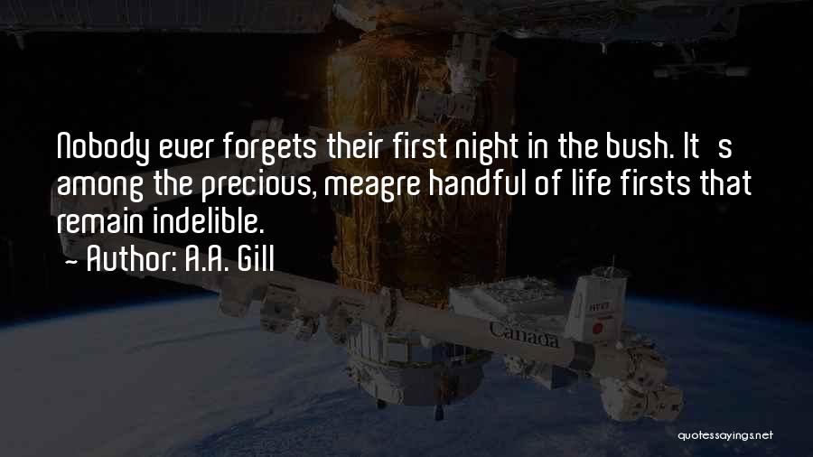 A.A. Gill Quotes: Nobody Ever Forgets Their First Night In The Bush. It's Among The Precious, Meagre Handful Of Life Firsts That Remain