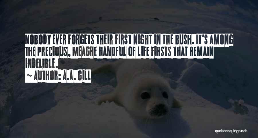 A.A. Gill Quotes: Nobody Ever Forgets Their First Night In The Bush. It's Among The Precious, Meagre Handful Of Life Firsts That Remain