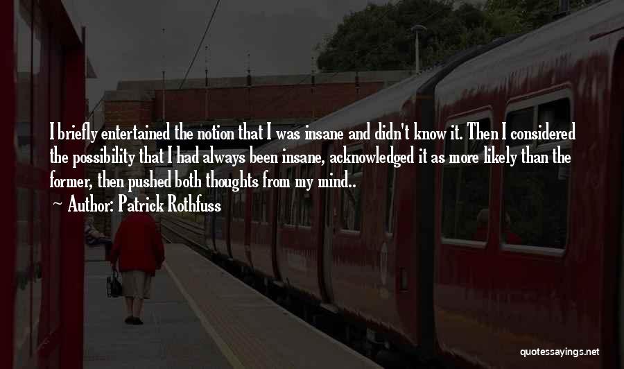 Patrick Rothfuss Quotes: I Briefly Entertained The Notion That I Was Insane And Didn't Know It. Then I Considered The Possibility That I