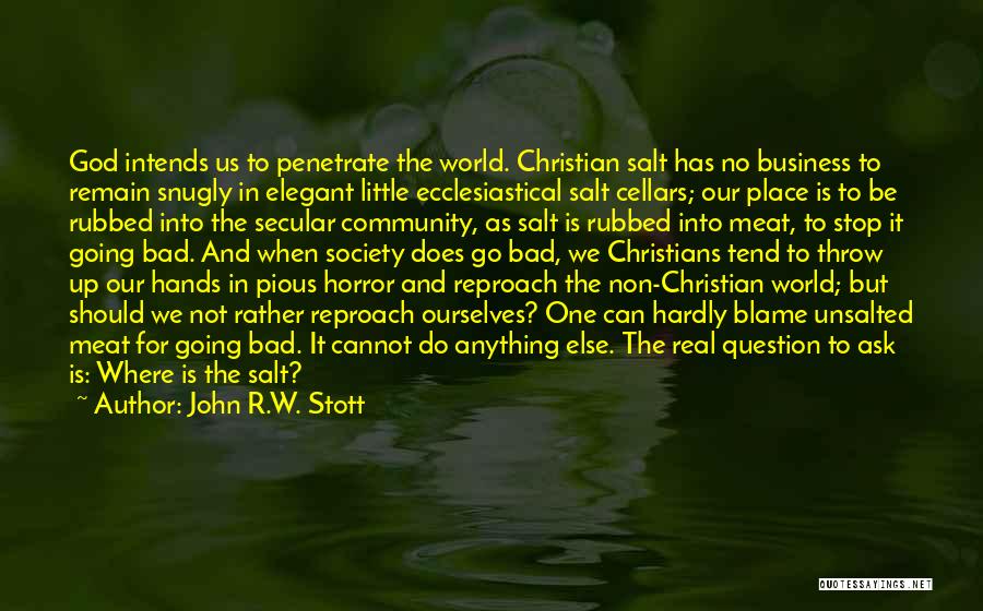 John R.W. Stott Quotes: God Intends Us To Penetrate The World. Christian Salt Has No Business To Remain Snugly In Elegant Little Ecclesiastical Salt