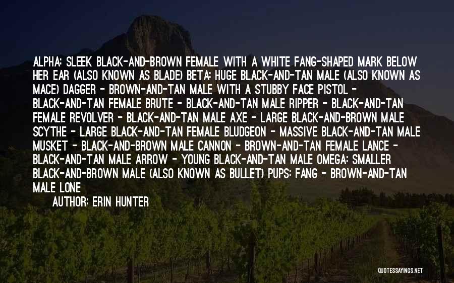 Erin Hunter Quotes: Alpha: Sleek Black-and-brown Female With A White Fang-shaped Mark Below Her Ear (also Known As Blade) Beta: Huge Black-and-tan Male