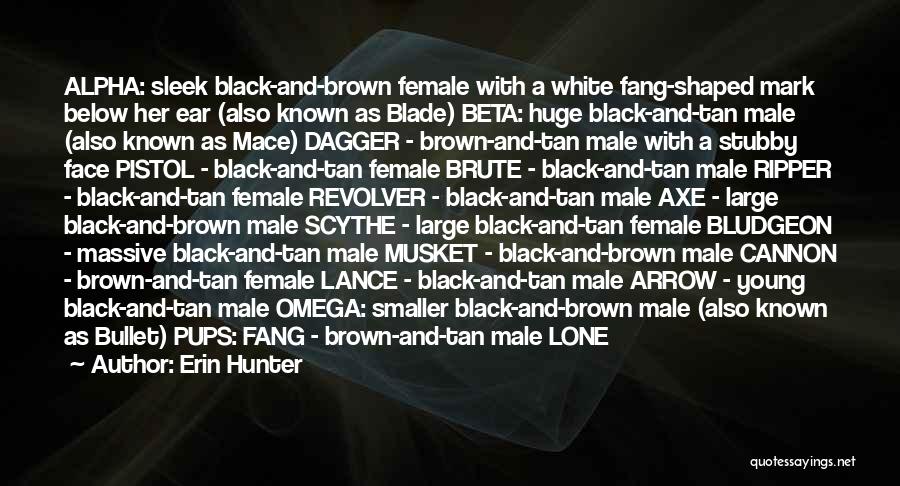 Erin Hunter Quotes: Alpha: Sleek Black-and-brown Female With A White Fang-shaped Mark Below Her Ear (also Known As Blade) Beta: Huge Black-and-tan Male