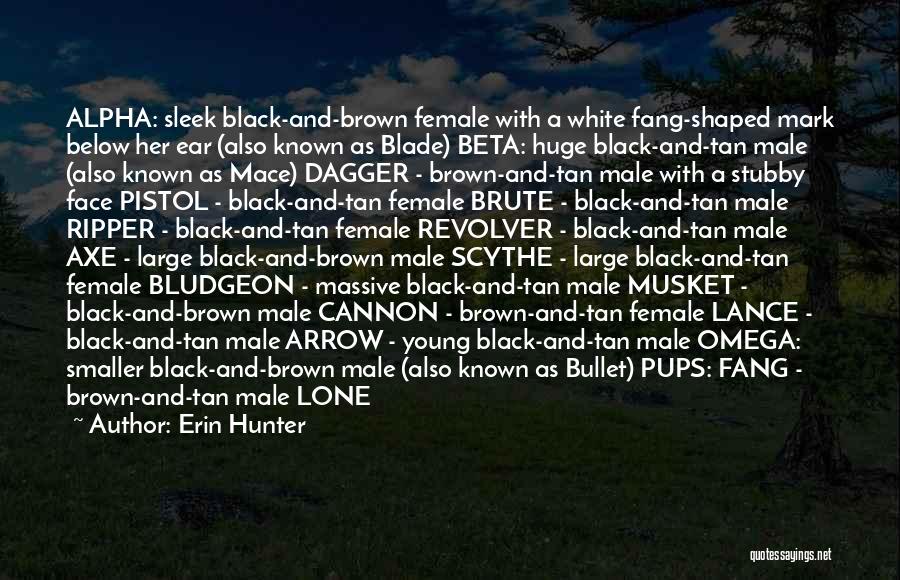 Erin Hunter Quotes: Alpha: Sleek Black-and-brown Female With A White Fang-shaped Mark Below Her Ear (also Known As Blade) Beta: Huge Black-and-tan Male