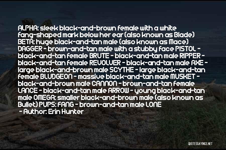 Erin Hunter Quotes: Alpha: Sleek Black-and-brown Female With A White Fang-shaped Mark Below Her Ear (also Known As Blade) Beta: Huge Black-and-tan Male