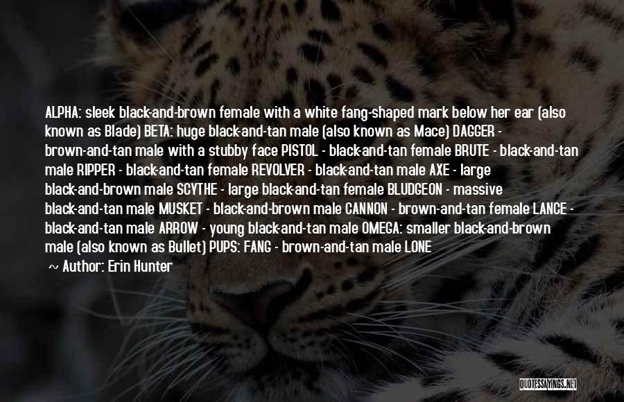 Erin Hunter Quotes: Alpha: Sleek Black-and-brown Female With A White Fang-shaped Mark Below Her Ear (also Known As Blade) Beta: Huge Black-and-tan Male
