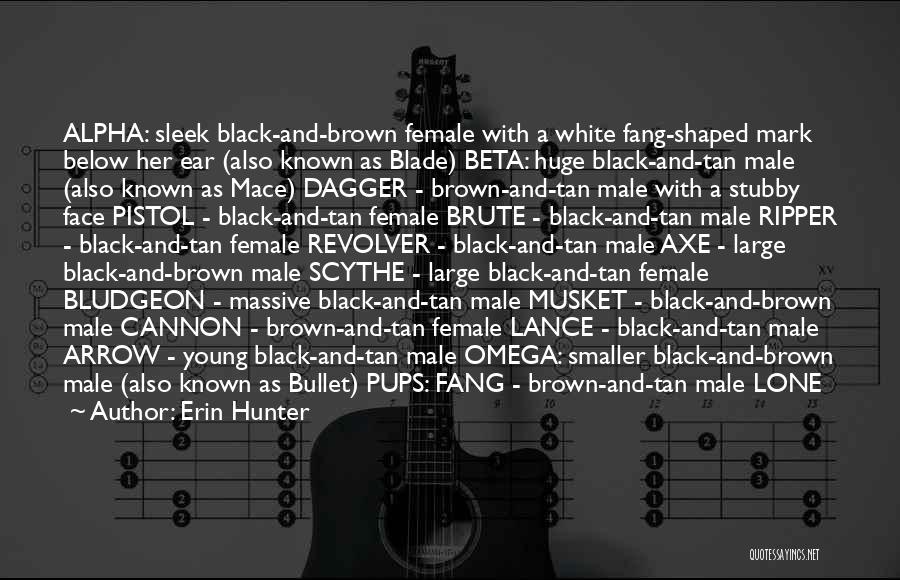 Erin Hunter Quotes: Alpha: Sleek Black-and-brown Female With A White Fang-shaped Mark Below Her Ear (also Known As Blade) Beta: Huge Black-and-tan Male