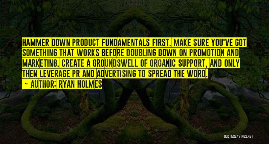 Ryan Holmes Quotes: Hammer Down Product Fundamentals First. Make Sure You've Got Something That Works Before Doubling Down On Promotion And Marketing. Create