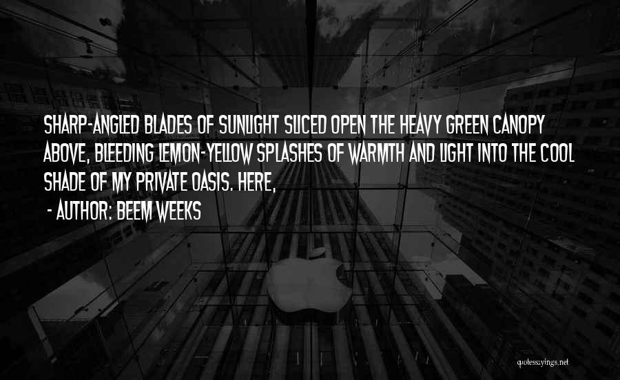 Beem Weeks Quotes: Sharp-angled Blades Of Sunlight Sliced Open The Heavy Green Canopy Above, Bleeding Lemon-yellow Splashes Of Warmth And Light Into The