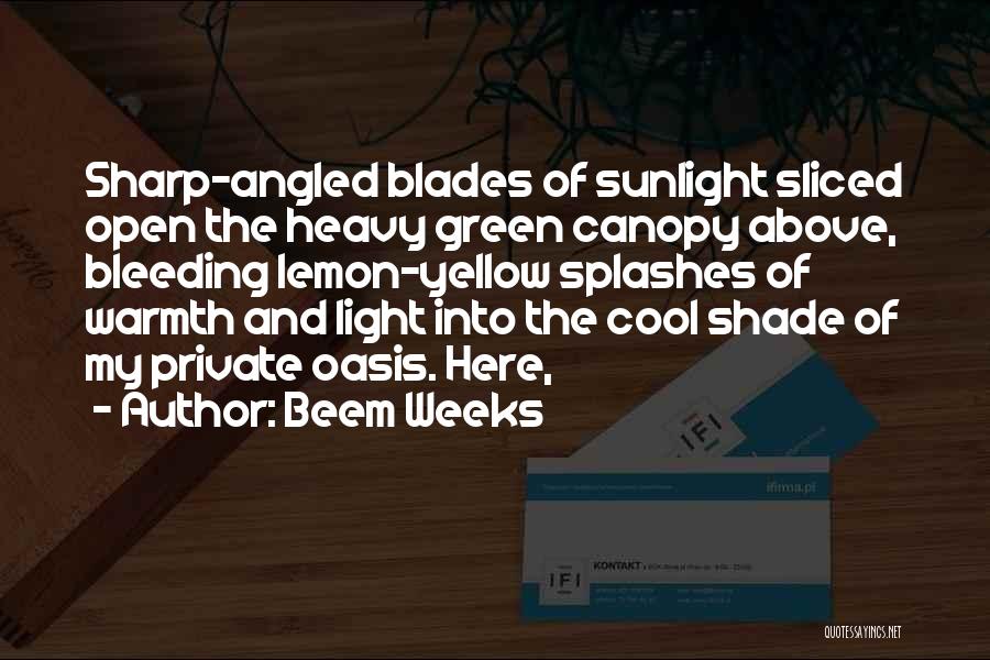 Beem Weeks Quotes: Sharp-angled Blades Of Sunlight Sliced Open The Heavy Green Canopy Above, Bleeding Lemon-yellow Splashes Of Warmth And Light Into The