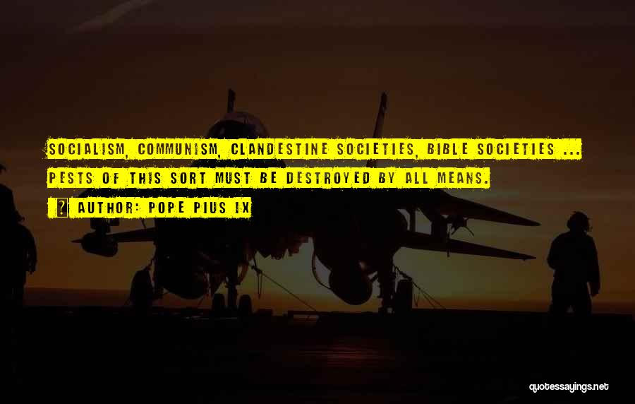 Pope Pius IX Quotes: Socialism, Communism, Clandestine Societies, Bible Societies ... Pests Of This Sort Must Be Destroyed By All Means.