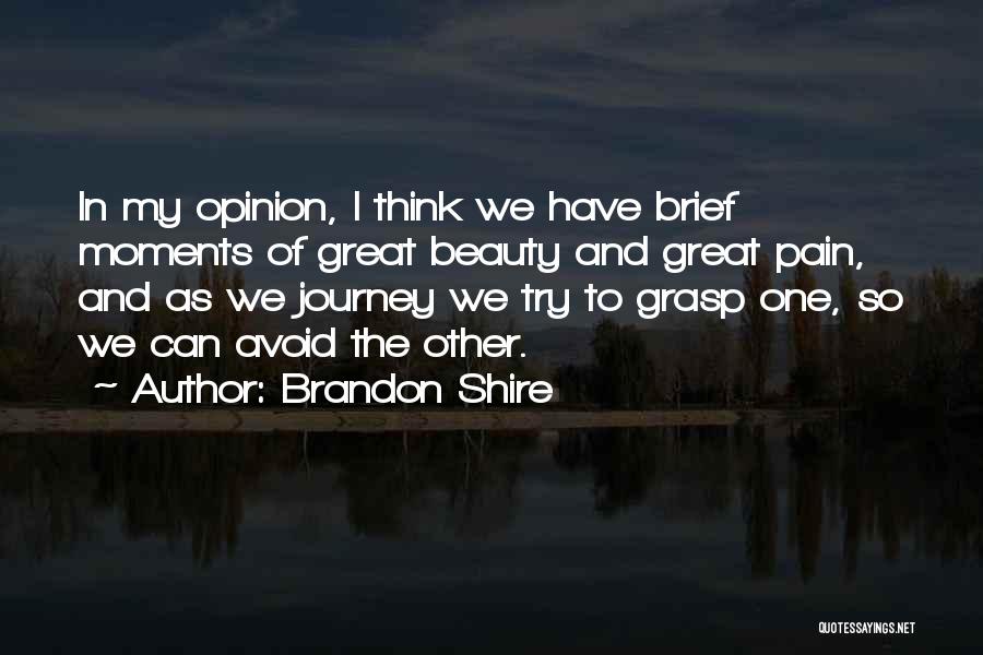 Brandon Shire Quotes: In My Opinion, I Think We Have Brief Moments Of Great Beauty And Great Pain, And As We Journey We