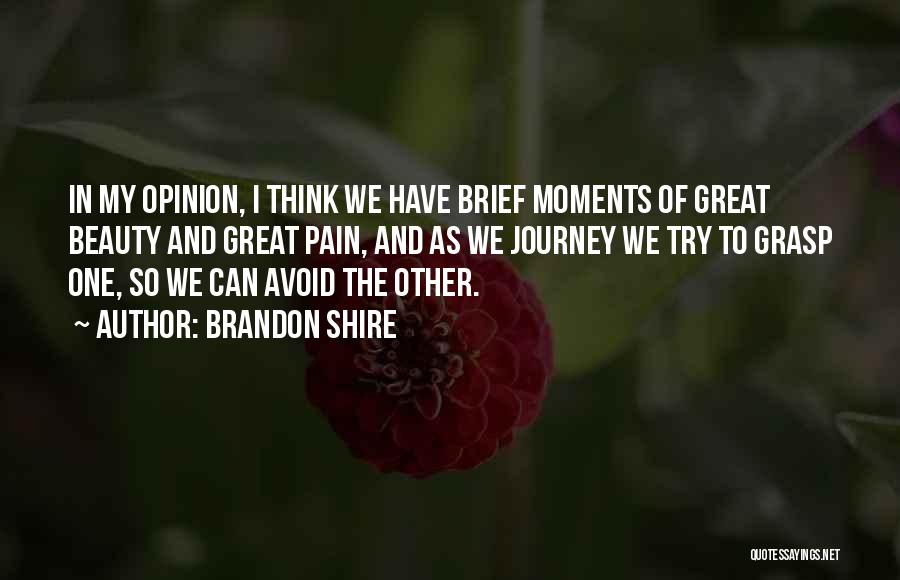 Brandon Shire Quotes: In My Opinion, I Think We Have Brief Moments Of Great Beauty And Great Pain, And As We Journey We