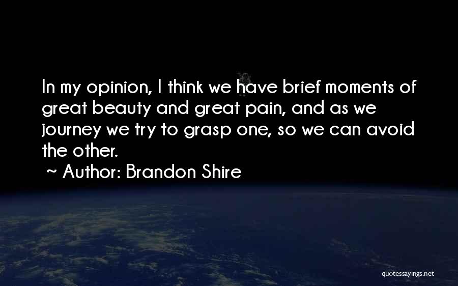 Brandon Shire Quotes: In My Opinion, I Think We Have Brief Moments Of Great Beauty And Great Pain, And As We Journey We