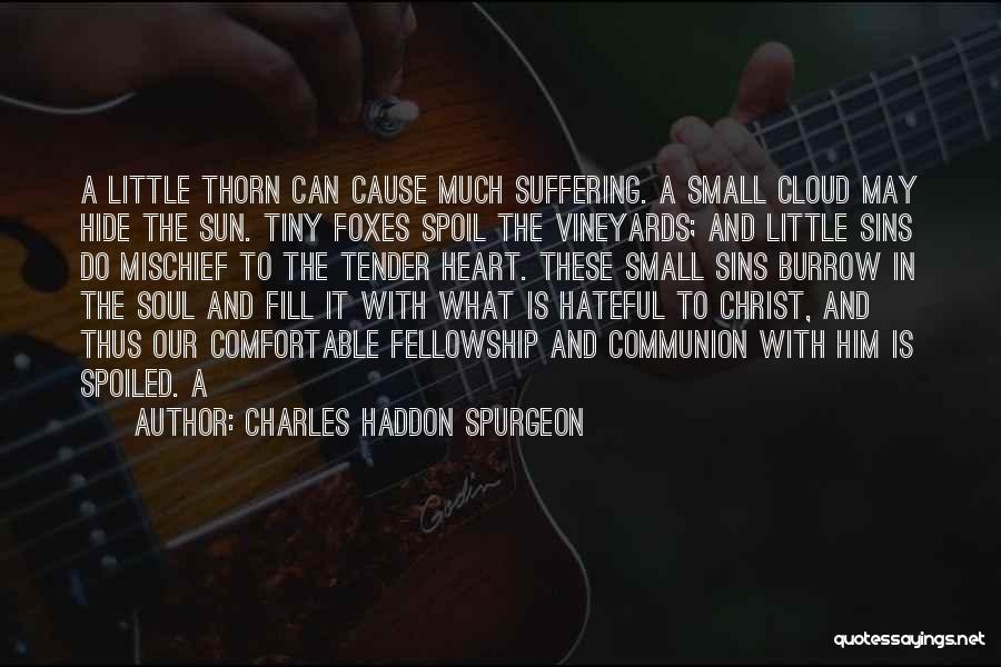 Charles Haddon Spurgeon Quotes: A Little Thorn Can Cause Much Suffering. A Small Cloud May Hide The Sun. Tiny Foxes Spoil The Vineyards; And