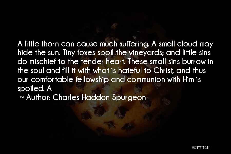 Charles Haddon Spurgeon Quotes: A Little Thorn Can Cause Much Suffering. A Small Cloud May Hide The Sun. Tiny Foxes Spoil The Vineyards; And