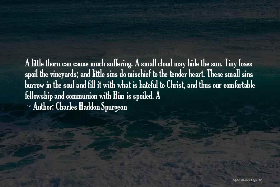 Charles Haddon Spurgeon Quotes: A Little Thorn Can Cause Much Suffering. A Small Cloud May Hide The Sun. Tiny Foxes Spoil The Vineyards; And