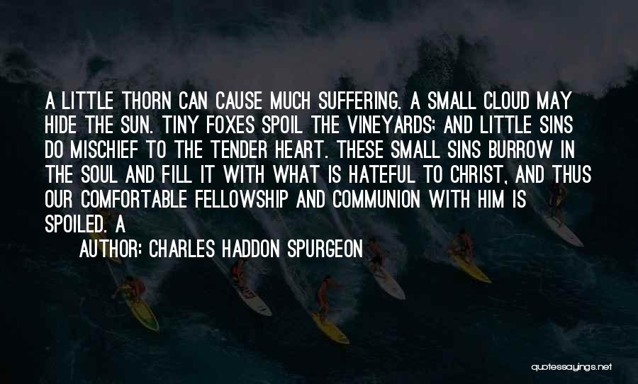 Charles Haddon Spurgeon Quotes: A Little Thorn Can Cause Much Suffering. A Small Cloud May Hide The Sun. Tiny Foxes Spoil The Vineyards; And