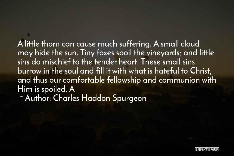Charles Haddon Spurgeon Quotes: A Little Thorn Can Cause Much Suffering. A Small Cloud May Hide The Sun. Tiny Foxes Spoil The Vineyards; And