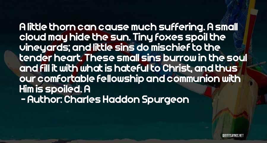 Charles Haddon Spurgeon Quotes: A Little Thorn Can Cause Much Suffering. A Small Cloud May Hide The Sun. Tiny Foxes Spoil The Vineyards; And