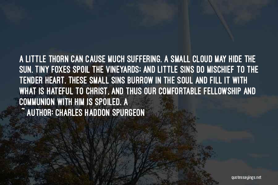 Charles Haddon Spurgeon Quotes: A Little Thorn Can Cause Much Suffering. A Small Cloud May Hide The Sun. Tiny Foxes Spoil The Vineyards; And
