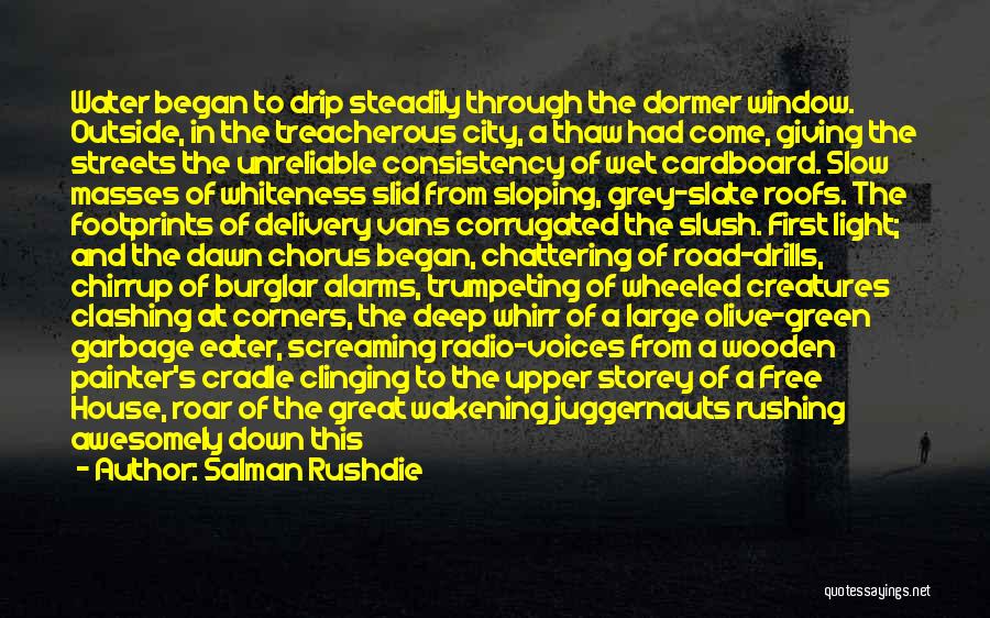 Salman Rushdie Quotes: Water Began To Drip Steadily Through The Dormer Window. Outside, In The Treacherous City, A Thaw Had Come, Giving The
