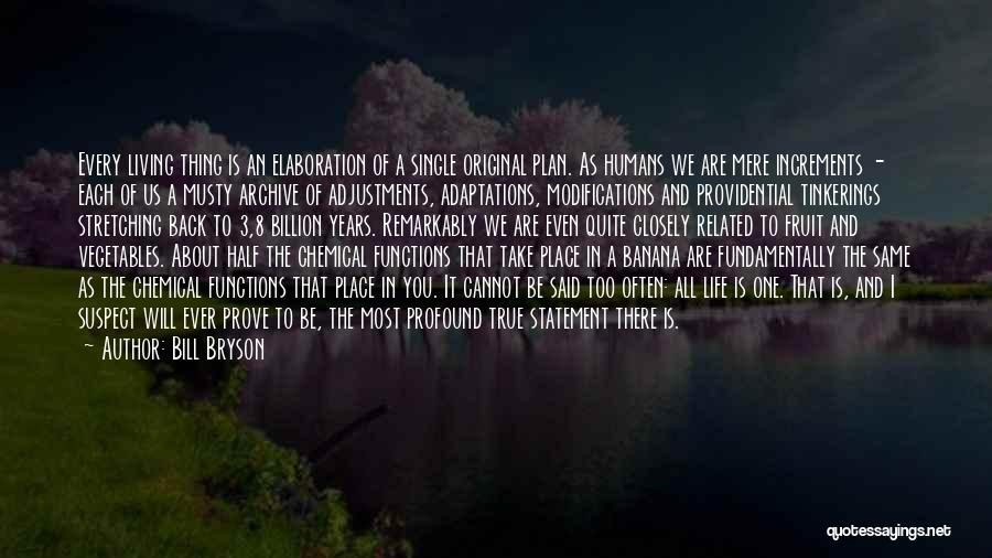 Bill Bryson Quotes: Every Living Thing Is An Elaboration Of A Single Original Plan. As Humans We Are Mere Increments - Each Of