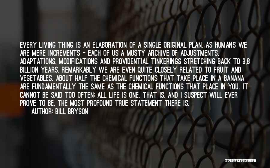 Bill Bryson Quotes: Every Living Thing Is An Elaboration Of A Single Original Plan. As Humans We Are Mere Increments - Each Of