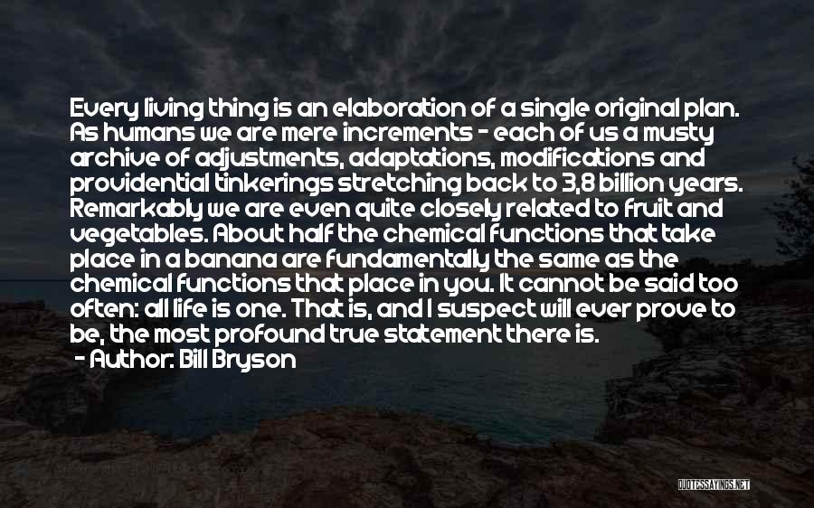 Bill Bryson Quotes: Every Living Thing Is An Elaboration Of A Single Original Plan. As Humans We Are Mere Increments - Each Of